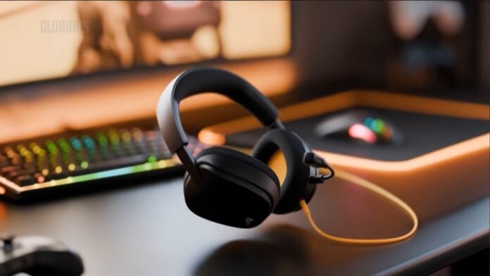 Over-ear black gaming headphones resting on a desk with a neon RGB keyboard blurred in the background and a yellow audio cable.