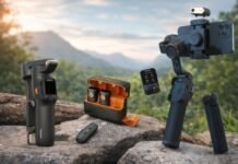 Outdoor rock setting with filming gear: a handheld gimbal with a mounted camera on the right and a second gimbal on the left, plus an orange accessory case and small gear in the center.