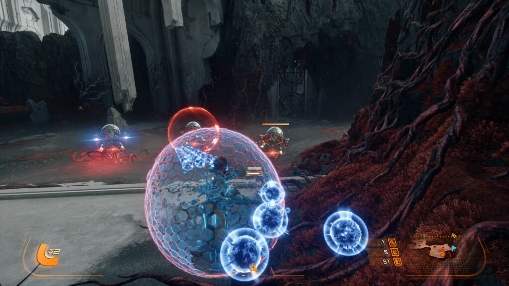 First-person shooter battle in a dark ruined chamber with glowing blue energy shields and multiple armored enemies firing weapons at close range.