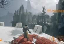 Player in a heavy suit stands on a snowy ledge, gazing at a ruined, spire-filled city; on-screen objective reads 'Find the Echelon Colony'.