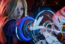 Astronaut woman in a blue suit touches a glowing holographic circular interface with a robotic arm nearby.