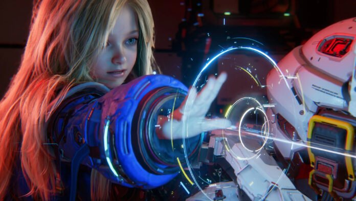Astronaut woman in a blue suit touches a glowing holographic circular interface with a robotic arm nearby.