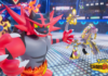A large red and gray brawler Pokémon with a spiky mane lunges toward a gold-and-emerald feathered Pokémon on a bright, neon-lit battle arena; Pokémon Champions logo visible in the corner.