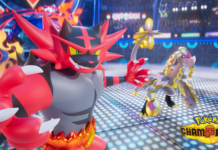 A large red and gray brawler Pokémon with a spiky mane lunges toward a gold-and-emerald feathered Pokémon on a bright, neon-lit battle arena; Pokémon Champions logo visible in the corner.