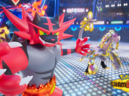 Pokemon Champions ביקורת: בדרך הקלה (והמהירה) להפוך למאסטר A large red and gray brawler Pokémon with a spiky mane lunges toward a gold-and-emerald feathered Pokémon on a bright, neon-lit battle arena; Pokémon Champions logo visible in the corner.