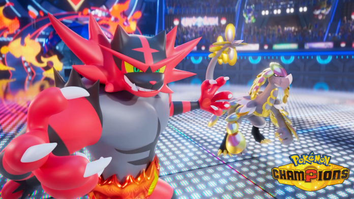 A large red and gray brawler Pokémon with a spiky mane lunges toward a gold-and-emerald feathered Pokémon on a bright, neon-lit battle arena; Pokémon Champions logo visible in the corner.