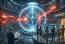 Futuristic security briefing in a high-tech lab around a glowing holographic orb labeled 'Claude Mythos Preview: Unreleased Power' with staff at a control desk and warnings like 'System breach detected'.