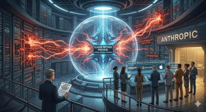 Futuristic security briefing in a high-tech lab around a glowing holographic orb labeled 'Claude Mythos Preview: Unreleased Power' with staff at a control desk and warnings like 'System breach detected'.