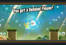Banner reads 'You got a Bellabel Flower!' with a princess, two small animal friends, and a friendly ghost enclosed in a glowing bubble ring amid bubbles and a fantasy landscape.