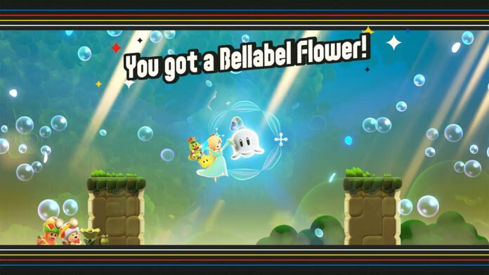 Banner reads 'You got a Bellabel Flower!' with a princess, two small animal friends, and a friendly ghost enclosed in a glowing bubble ring amid bubbles and a fantasy landscape.