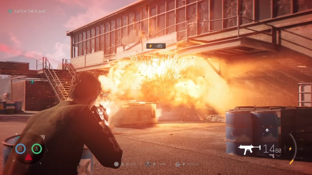 007 First Light Gameplay Reveal 19-7 screenshot - GamersPack ישראל First‑person shooter scene: player fires as an explosion rocks a modern building, flames and debris erupting in front of a glass facade, HUD visible. 007 First Light Gameplay Reveal 19-7 screenshot
