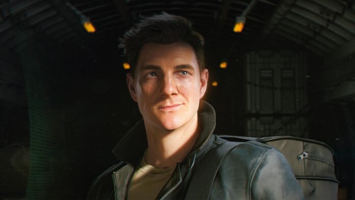 Young man with a backpack gazing upward in a dark, industrial-looking hangar or warehouse setting.