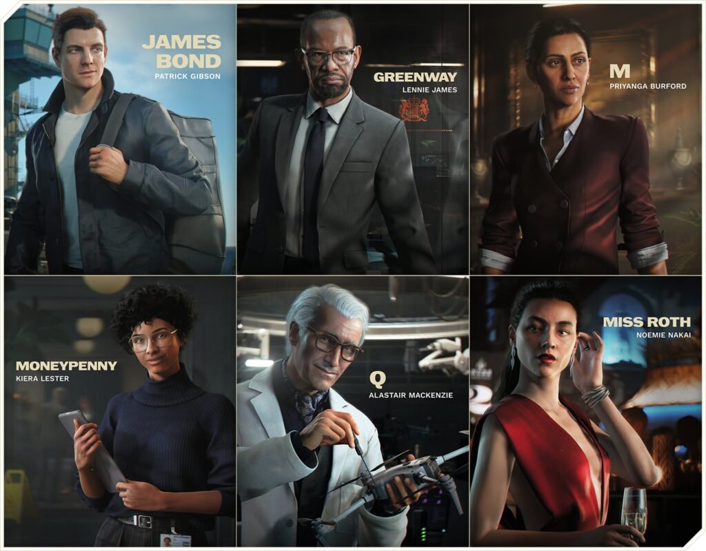 007FLCast_All - GamersPack ישראל Promotional collage of spy characters with names overlaid: James Bond, Greenway, Priyanga Burford; Money Penny, Q, Miss Roth in lower tiles. 007FLCast_All