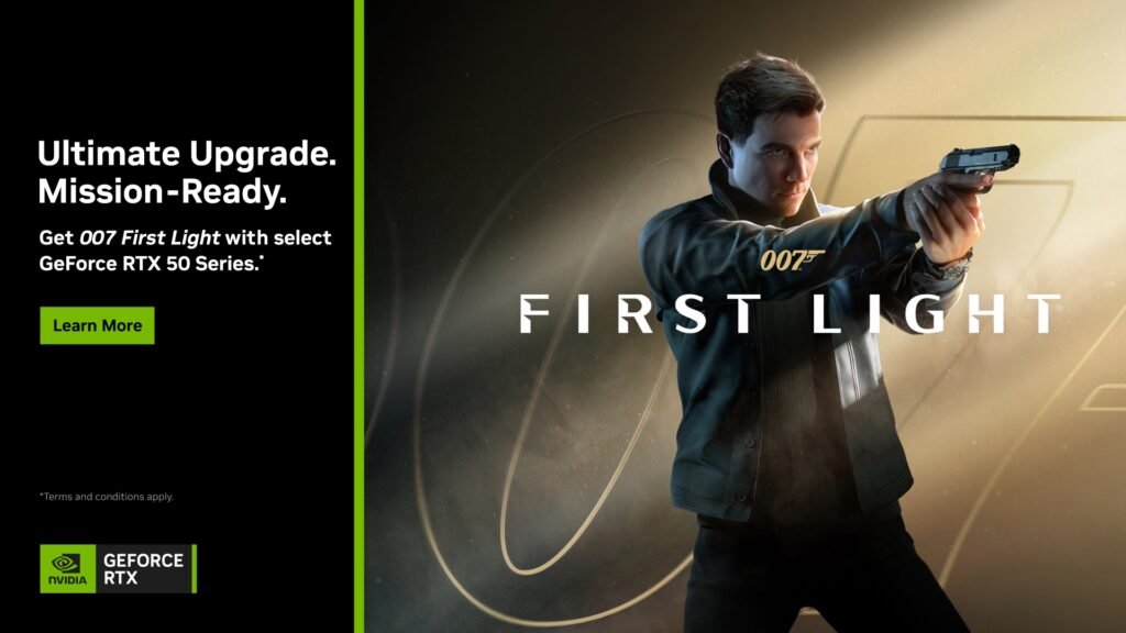 Split-screen ad promoting GeForce RTX: left black panel with white text and a green Learn More button, right shows a man in a jacket aiming a pistol with 'FIRST LIGHT' and 007 logo, Nvidia RTX branding. 007FirstLight-GeForceBundleKV