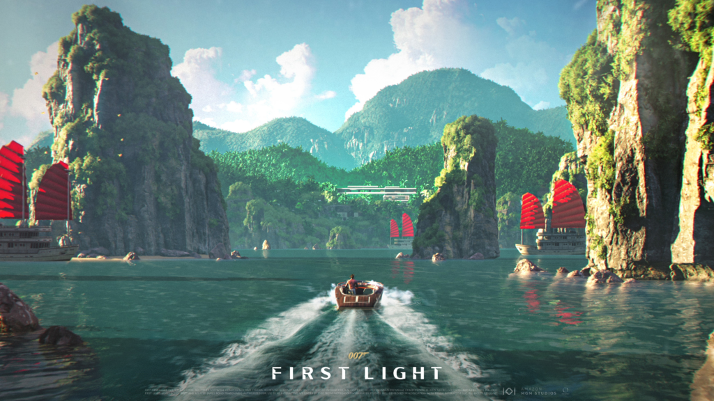 007FirstLight_Screenshots_01 - GamersPack ישראל Tropical bay with tall limestone cliffs and red-sailed boats, plus a small motorboat in the foreground; the title 'FIRST LIGHT' at the bottom. 007FirstLight_Screenshots_01
