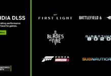 Banner promoting NVIDIA DLSS: left text about accelerating performance with a green Learn More button; multiple game logos across a black background with an RTX badge bottom-left.
