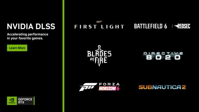 Banner promoting NVIDIA DLSS: left text about accelerating performance with a green Learn More button; multiple game logos across a black background with an RTX badge bottom-left.