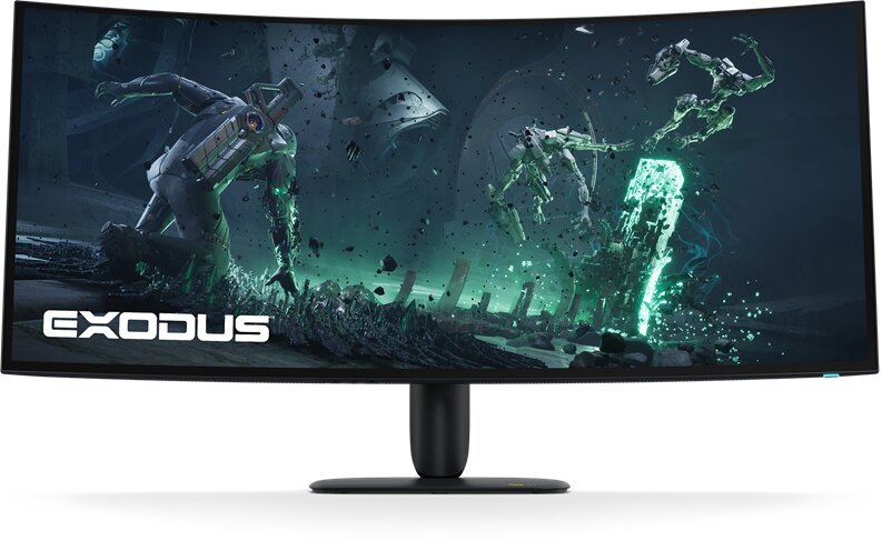 Curved gaming monitor displaying an Exodus sci-fi game scene with astronauts and a glowing portal on the screen. Alienware 39 5K OLED Dell Technologies _____ _____