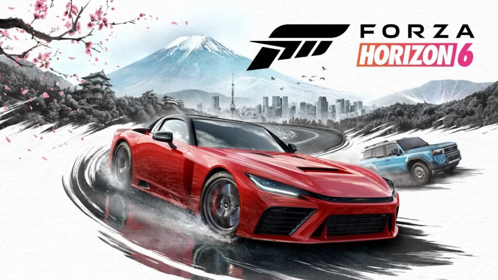 Red sports car racing on a curved road, with a blue SUV behind and a city skyline with snow-capped mountains in the distance. Forza Horizon 6