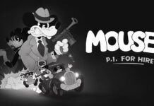 Black-and-white cartoon poster showing a detective mouse with a gun and a vintage car, with the title 'MOUSE P.I. FOR HIRE' on the right.