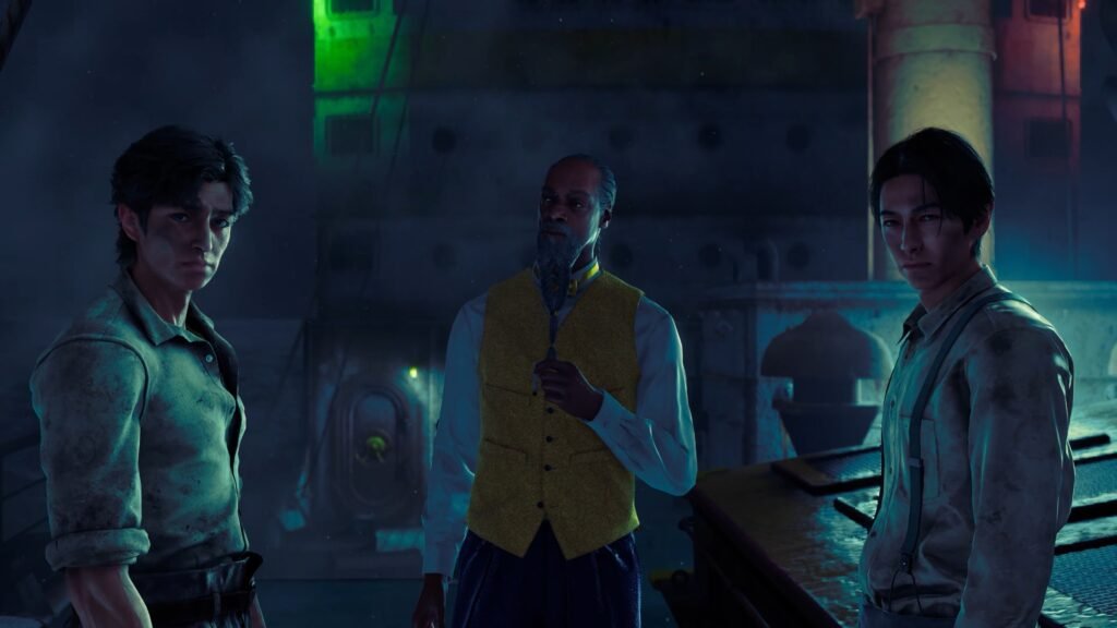 Three men stand in a dim, neon-lit industrial setting with serious expressions. STRANGER THAN HEAVEN _ Cast Story Reveal Trailer 1-14 screenshot