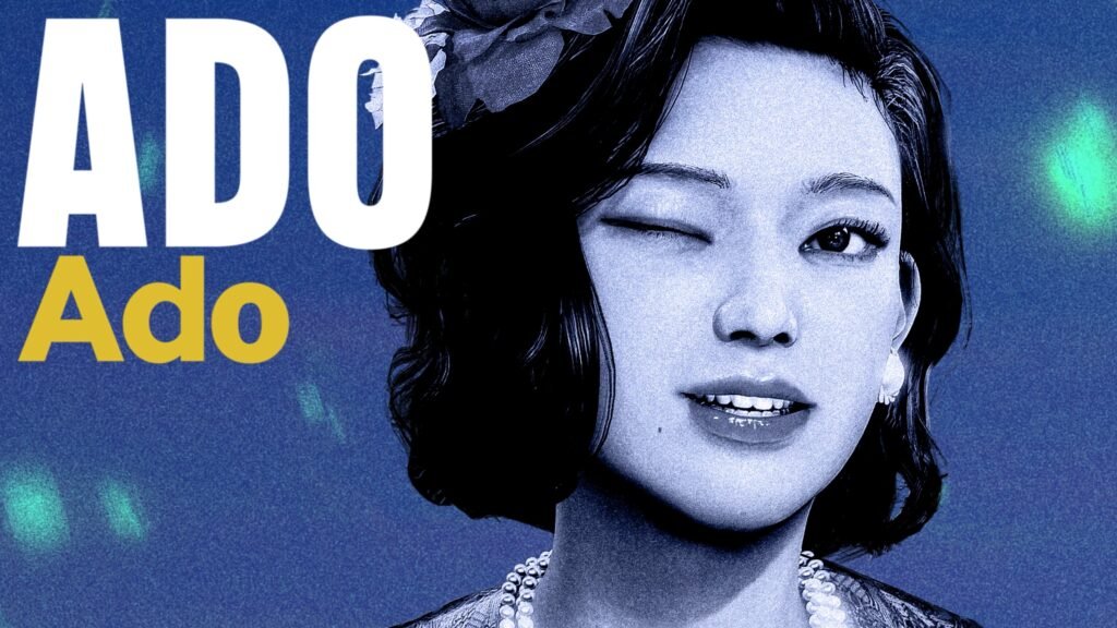 Blue-tinted poster showing a close-up of a woman's face with large white 'ADO' text and yellow 'Ado' on a blue background, wearing pearls. STRANGER THAN HEAVEN _ Cast Story Reveal Trailer 2-58 screenshot