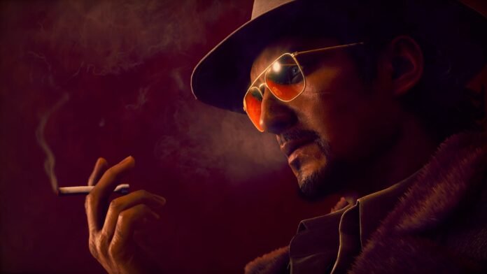 Close-up of a man wearing a hat and sunglasses, smoking a cigarette in a moody red-lit scene with visible smoke.
