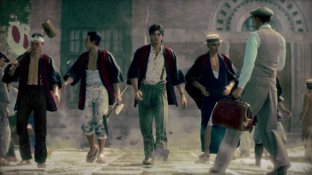 Group of men in traditional robes walk through a dusty street, with ruined buildings and an arch behind them. STRANGER THAN HEAVEN _ Cast Story Reveal Trailer 3-39 screenshot
