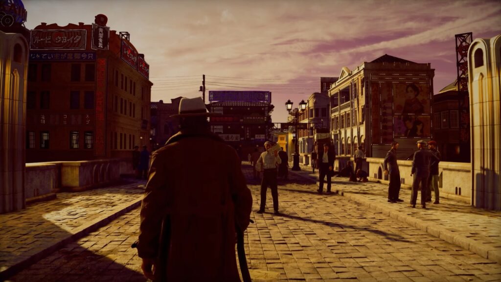 A man in a trench coat and hat walks along a cobblestone street at sunset in a busy Asian-style town with illuminated signs and vintage storefronts on either side. STRANGER THAN HEAVEN _ Cast Story Reveal Trailer 3-43 screenshot