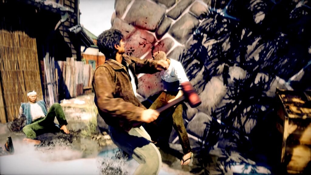 Two men fight in an alley with a graffiti-covered wall behind them; a bystander sits on the left as debris flies. STRANGER THAN HEAVEN _ Cast Story Reveal Trailer 3-47 screenshot