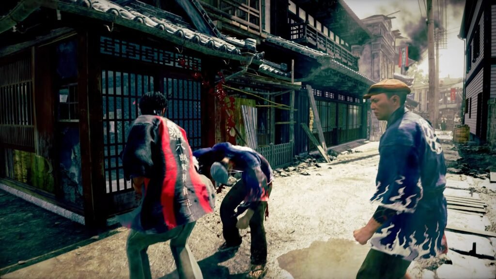 People in traditional clothing move through a rubble-strewn street with smoke and damaged buildings in the background; a man in a blue outfit looks toward the camera. STRANGER THAN HEAVEN _ Cast Story Reveal Trailer 3-49 screenshot