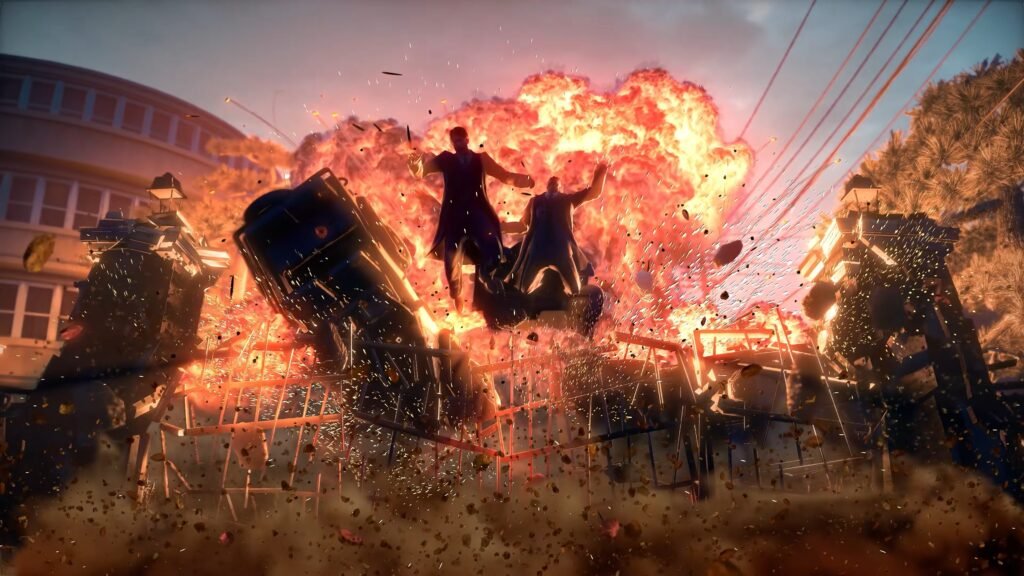 Two figures leap away from a massive explosion and fiery blast in an urban street, debris and wreckage flying around them. STRANGER THAN HEAVEN _ Cast Story Reveal Trailer 3-59 screenshot 1