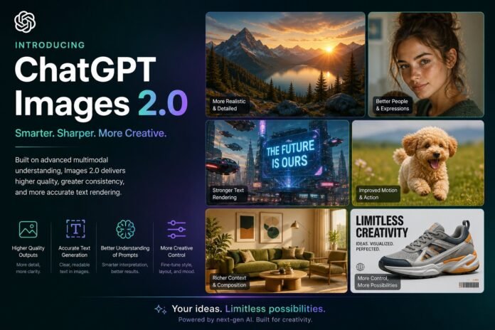 Promotional hero for ChatGPT Images 2.0 showing a collage: mountain sunset, portrait, city billboard, dog, living room, and sneaker panels with the slogan 'Your ideas. Limitless possibilities.'