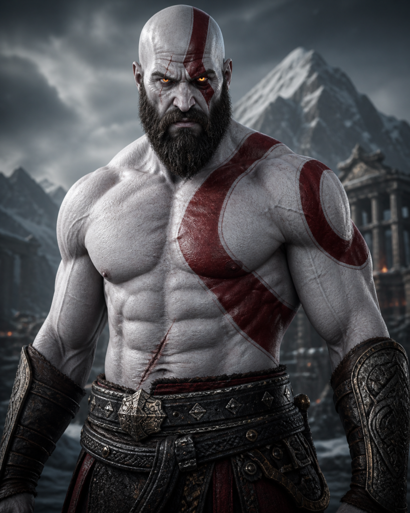 Muscular Kratos, bald with a red facial tattoo and beard, shirtless in a snowy ruined landscape with ancient structures in the background.