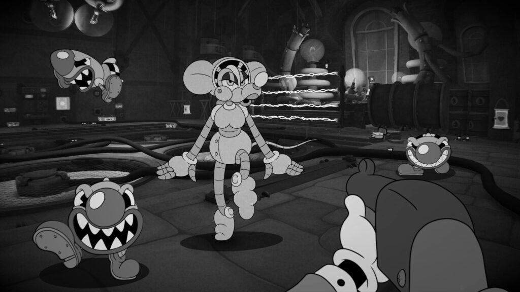 Cartoon robots clash in a dark factory; a central segmented robot is restrained by zigzag electric arcs as others advance. mouse PI 1
