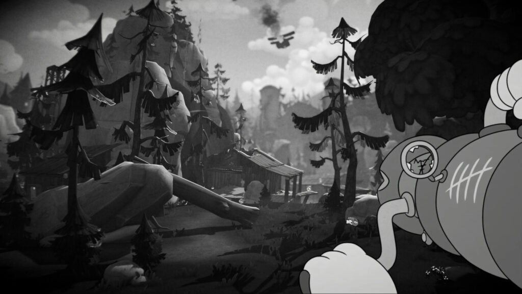 Monochrome illustration of a ruined forest village with collapsed huts and scattered debris, a large rounded vehicle occupying the right foreground. mouse PI 2
