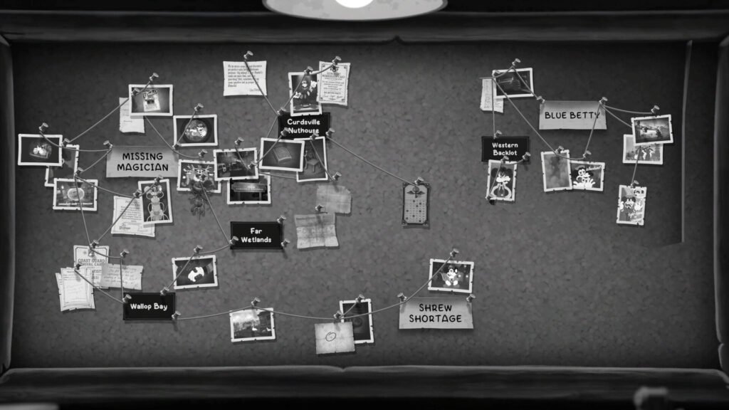 Grayscale clue board with photos, notes, and strings linking items, including labels like 'Missing Magician', 'Far Wetlands', and 'Blue Betty'. mouse PI 3