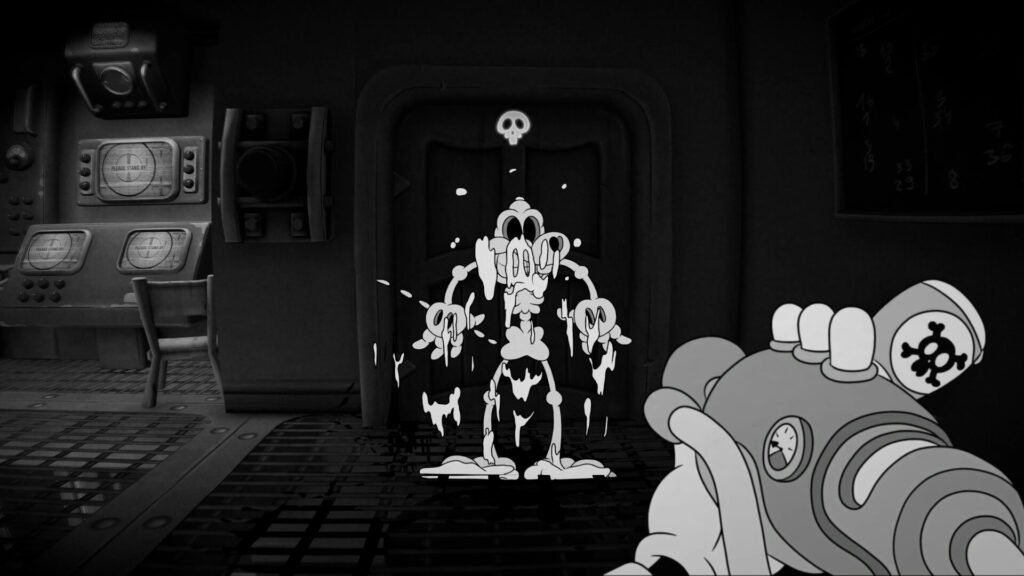 Black-and-white cartoon of a melting skeletal figure in a sci‑fi control room, with a skull icon above and old computer consoles to the left. mouse PI 4