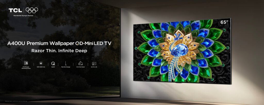 A-400Uקרדיט TCL 1 - GamersPack ישראל 65-inch TCL A400U Premium QD-Mini LED TV displaying a vibrant jeweled flower artwork against a dark backdrop. A-400Uקרדיט TCL 1