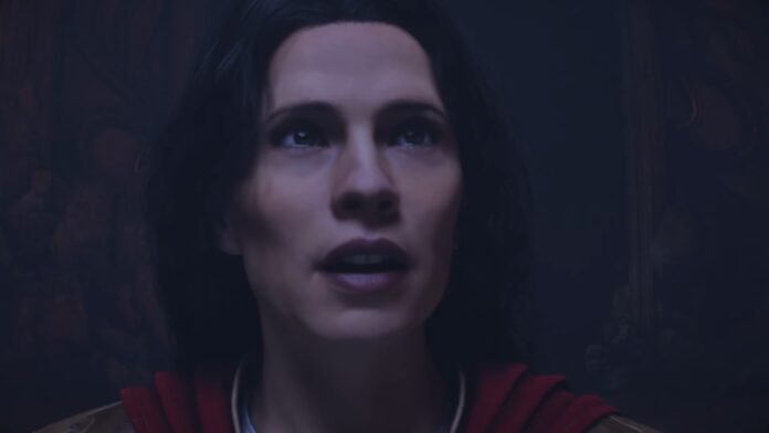 Close-up of a woman looking upward in a dim, blue-tinted scene.