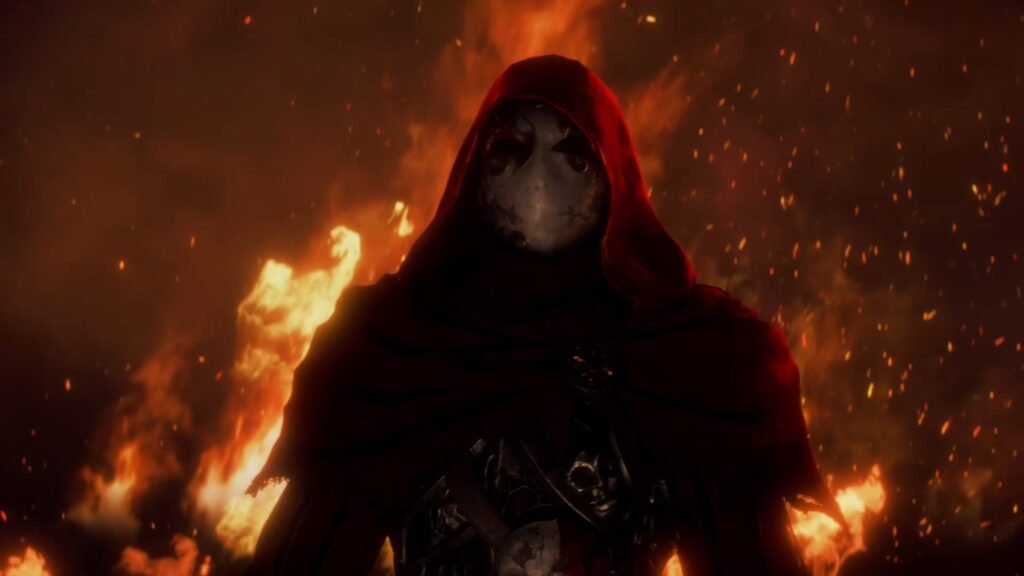 Fable - Official Release Date Trailer _ Xbox Games Showcase 2026 2-49 screenshot - GamersPack ישראל Mysterious hooded figure wearing a stitched white mask stands amid bright flames and embers. Fable - Official Release Date Trailer _ Xbox Games Showcase 2026 2-49 screenshot