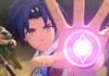 Fire Emblem: Fortune’s Weave ביקורת: מטווה הגורל, תרתי משמע Close-up of a young anime fighter with purple hair and amber eyes, reaching forward with a glowing pink-purple energy orb emitting from his hand. In the background, armed soldiers are advancing.