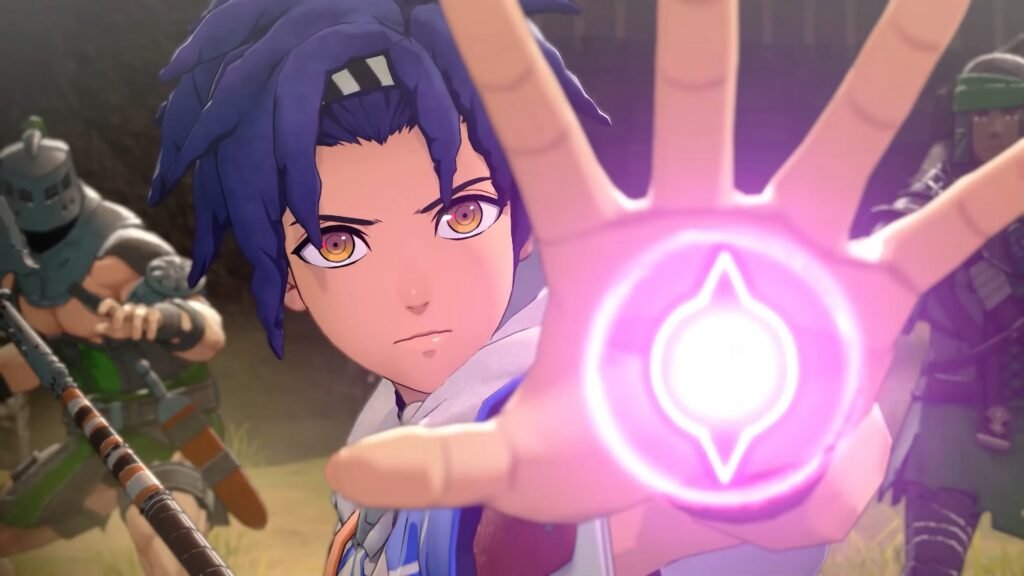 Fire Emblem_ Fortunes Weave Nintendo Direct 9122025 1-46 screenshot - GamersPack ישראל Close-up of a young anime fighter with purple hair and amber eyes, reaching forward with a glowing pink-purple energy orb emitting from his hand. In the background, armed soldiers are advancing. Fire Emblem_ Fortunes Weave Nintendo Direct 9122025 1-46 screenshot