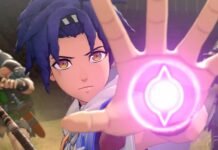 Fire Emblem: Fortune’s Weave ביקורת: מטווה הגורל, תרתי משמע Close-up of a young anime fighter with purple hair and amber eyes, reaching forward with a glowing pink-purple energy orb emitting from his hand. In the background, armed soldiers are advancing.