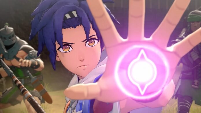 Close-up of a young anime fighter with purple hair and amber eyes, reaching forward with a glowing pink-purple energy orb emitting from his hand. In the background, armed soldiers are advancing.