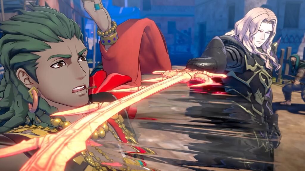 Fire Emblem_ Fortunes Weave Nintendo Direct 9122025 1-49 screenshot - GamersPack ישראל Two armored warriors clash in a high-energy sword duel, with a glowing red blade crossing between them as they fight in a blue-toned battlefield. Fire Emblem_ Fortunes Weave Nintendo Direct 9122025 1-49 screenshot