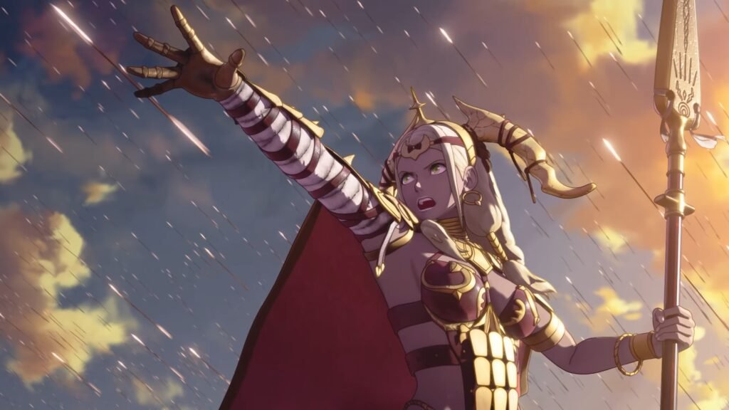 Fire Emblem_ Fortunes Weave Nintendo Direct 9122025 1-58 screenshot - GamersPack ישראל Armored female warrior with gold plating and horned helm raises her arm, gripping a tall ornate spear in a rain-soaked, stormy sky with a red cape flowing behind her. Fire Emblem_ Fortunes Weave Nintendo Direct 9122025 1-58 screenshot