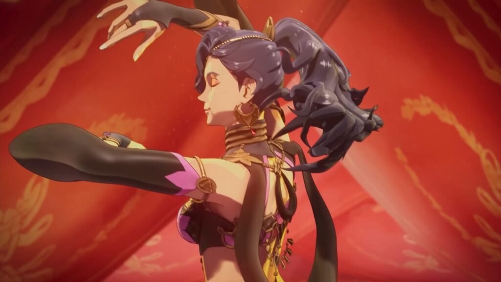 Fire Emblem_ Fortunes Weave Nintendo Direct 9122025 2-5 screenshot - GamersPack ישראל Animated female performer in a gold-embellished costume poses dramatically against a red background. Fire Emblem_ Fortunes Weave Nintendo Direct 9122025 2-5 screenshot