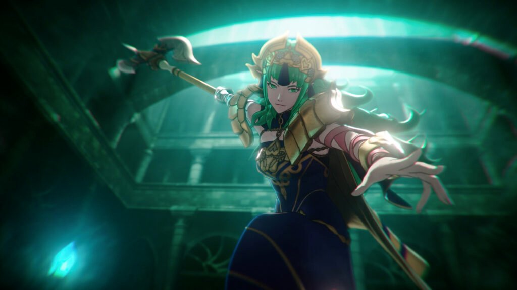 NSwitch2_FireEmblemFortunesWeave_12 - GamersPack ישראל Armored female warrior with green hair lunges forward, gripping a long spear in a teal-lit chamber. NSwitch2_FireEmblemFortunesWeave_12