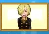 Pixel art portrait of a blond, smiling person in a dark coat with gold buttons, framed as a hanging picture against a blue sky background.